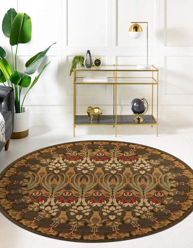 Brown 6' 1 x 6' 1 Edinburgh Round Area Rug 100% Polypropylene Easy Clean With Cotton Backing Traditional Classic Design Carpet for Living, Dining Room, Office for Sale at Rug Engine