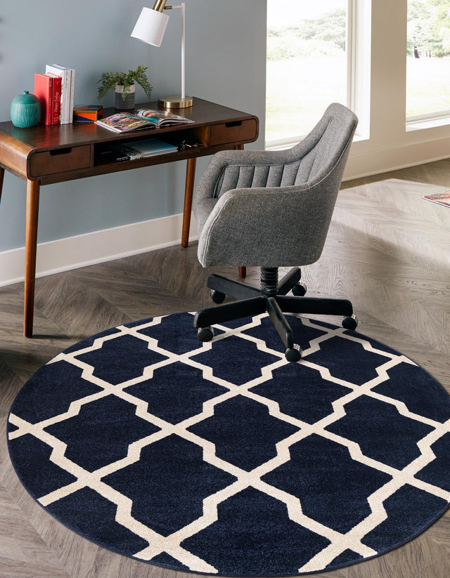 Navy Blue 7' 10 x 7' 10 Trellis Round Area Rug