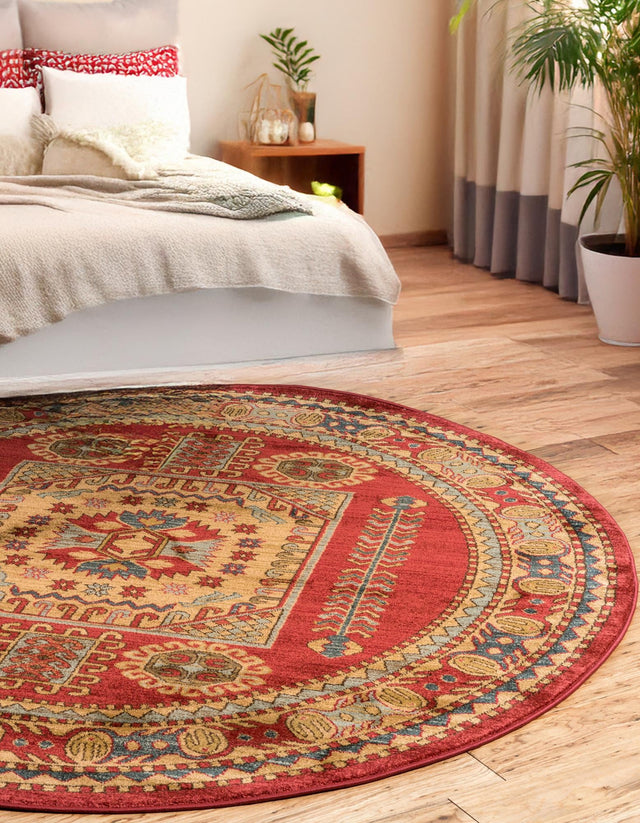 Red 6' 1 x 6' 1 Sahand Round Area Rug Affordable Easy Clean Traditional Design Durable Carpet for Home Interior Design Living Room Dining Office for Sale at Rug Engine