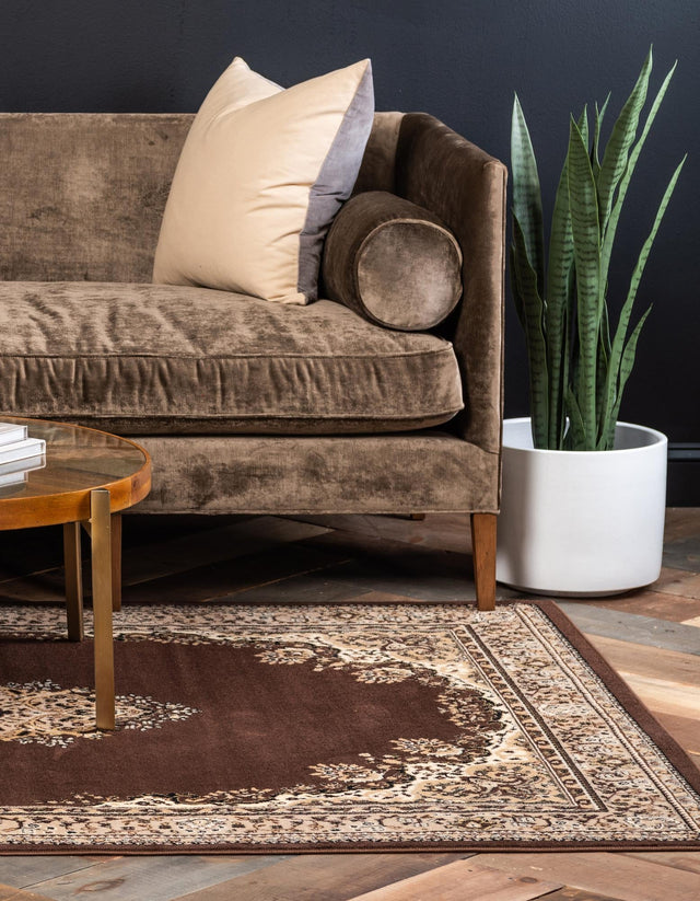Brown 7' 10 x 10' Reza Rectangle Area Rug 100% Polypropylene Easy Clean Traditional Motif Classic Carpet for Home Interiors for Sale at Rug Engine