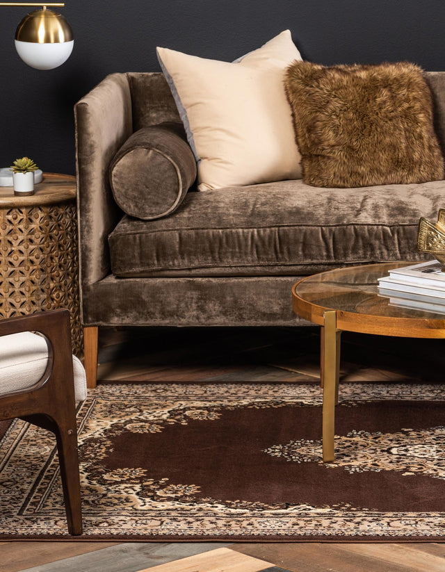 Brown 7' 10 x 10' Reza Rectangle Area Rug 100% Polypropylene Easy Clean Traditional Motif Classic Carpet for Home Interiors for Sale at Rug Engine