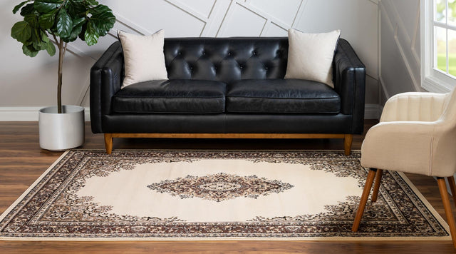 Ivory 4' 1 x 6' 1 Reza Rectangle Area Rug 100% Polypropylene Easy Clean Traditional Motif Classic Carpet for Home Interiors for Sale at Rug Engine