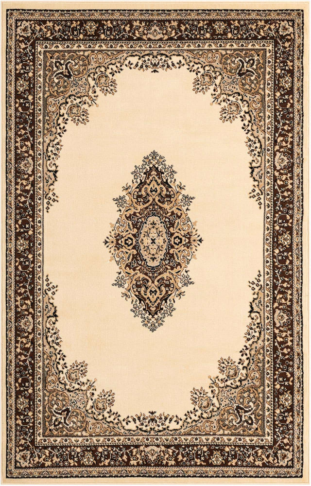 Ivory 5' 3 x 8' Reza Rectangle Area Rug 100% Polypropylene Easy Clean Traditional Motif Classic Carpet for Home Interiors for Sale at Rug Engine