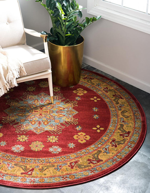 Red 8' x 8' Sahand Round Area Rug Affordable Easy Clean Traditional Design Durable Carpet for Home Interior Design Living Room Dining Office for Sale at Rug Engine