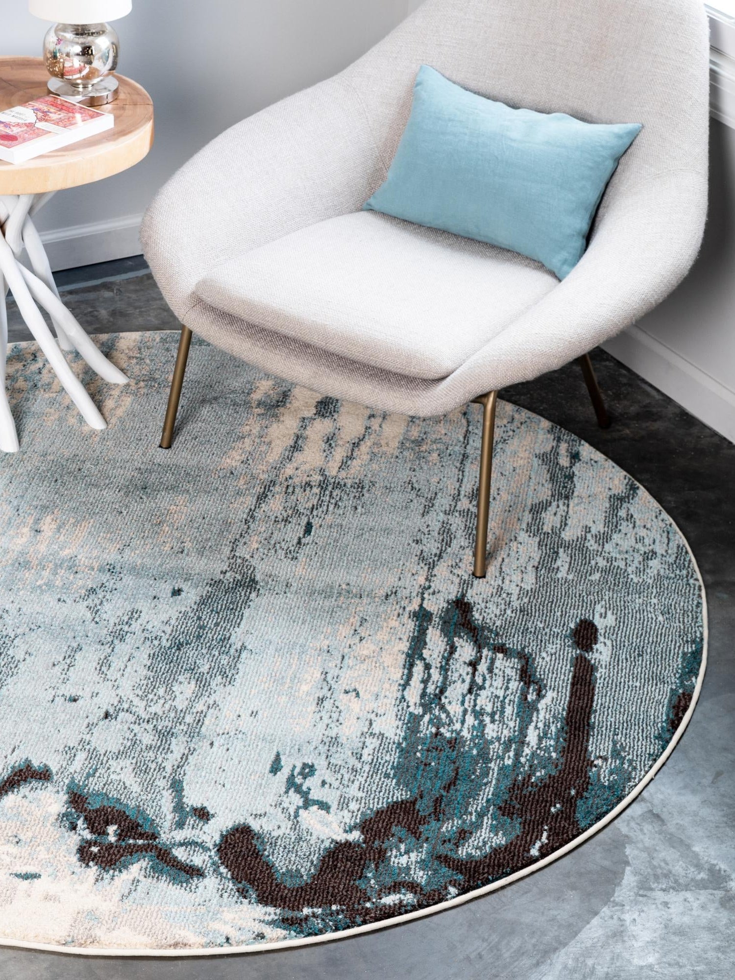 Light Blue 8' x 8' Estrella Round Area Rug 100% Polypropylene Non-Shedding Stain Resistant Carpet Colorful Modern Abstract Design Easy Clean for Home Decor for Sale at Rug Engine