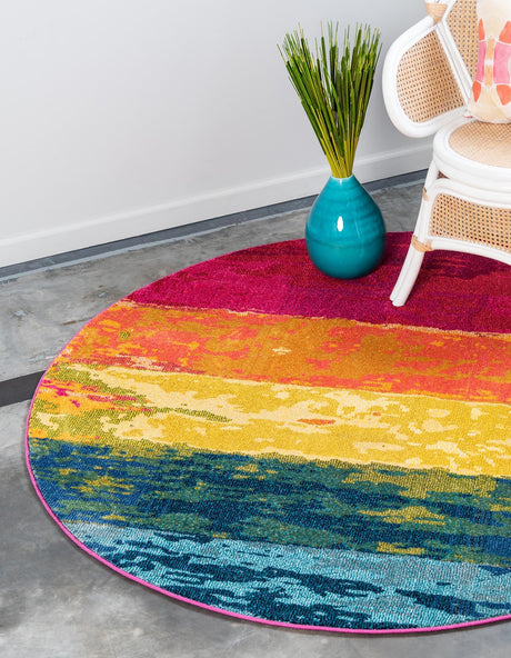 Multicolor 8' x 8' Estrella Round Area Rug 100% Polypropylene Non-Shedding Stain Resistant Carpet Colorful Modern Abstract Design Easy Clean for Home Decor for Sale at Rug Engine