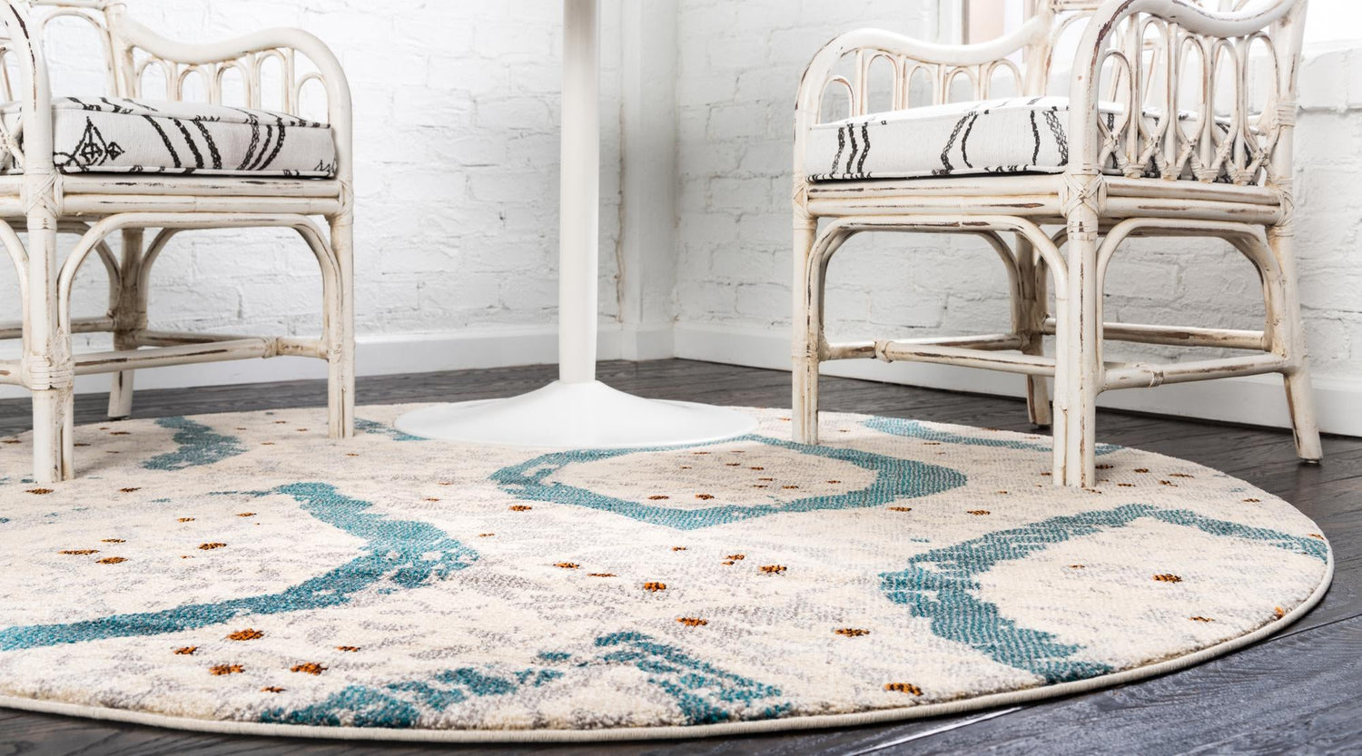 Cream 8' x 8' Estrella Round Area Rug 100% Polypropylene Non-Shedding Stain Resistant Carpet Colorful Modern Abstract Design Easy Clean for Home Decor for Sale at Rug Engine