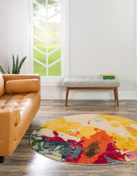 Beige 6' 1 x 6' 1 Estrella Round Area Rug 100% Polypropylene Non-Shedding Stain Resistant Carpet Colorful Modern Abstract Design Easy Clean for Home Decor for Sale at Rug Engine
