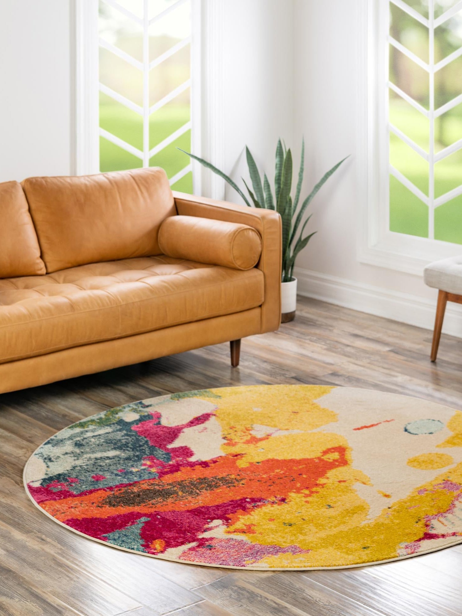 Beige 6' 1 x 6' 1 Estrella Round Area Rug 100% Polypropylene Non-Shedding Stain Resistant Carpet Colorful Modern Abstract Design Easy Clean for Home Decor for Sale at Rug Engine