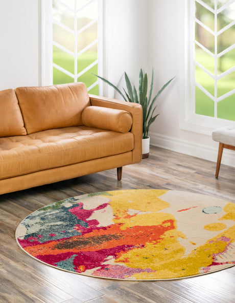 Beige 6' 1 x 6' 1 Estrella Round Area Rug 100% Polypropylene Non-Shedding Stain Resistant Carpet Colorful Modern Abstract Design Easy Clean for Home Decor for Sale at Rug Engine