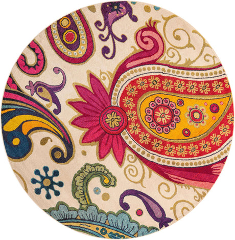 Cream 8' x 8' Estrella Round Area Rug 100% Polypropylene Non-Shedding Stain Resistant Carpet Colorful Modern Abstract Design Easy Clean for Home Decor for Sale at Rug Engine