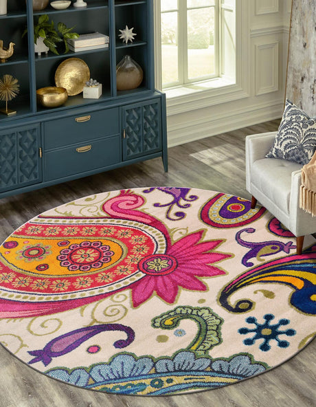 Cream 6' 1 x 6' 1 Estrella Round Area Rug 100% Polypropylene Non-Shedding Stain Resistant Carpet Colorful Modern Abstract Design Easy Clean for Home Decor for Sale at Rug Engine