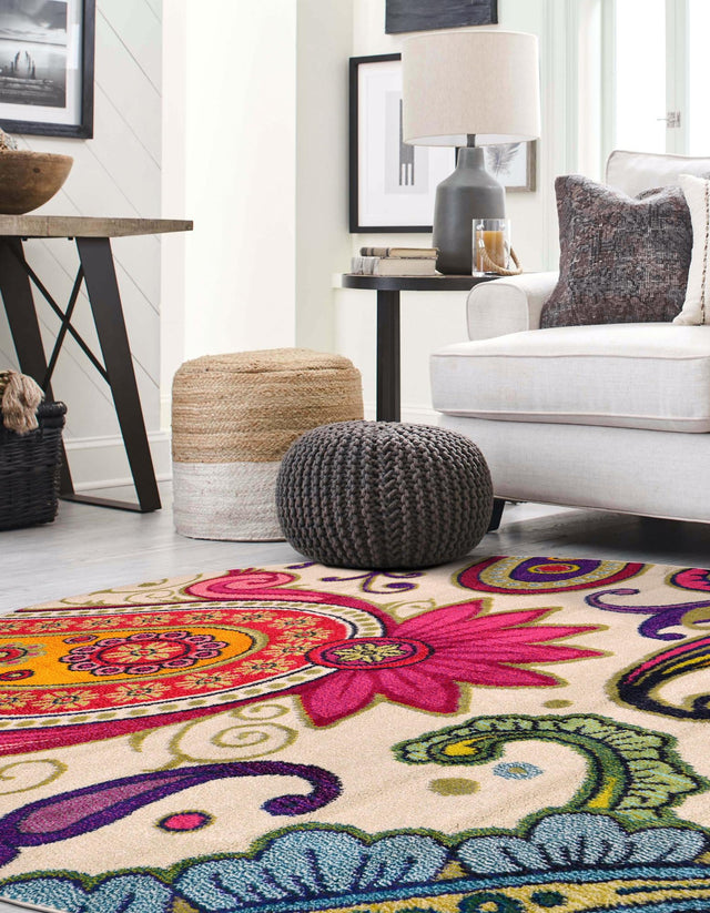 Cream 6' 1 x 6' 1 Estrella Round Area Rug 100% Polypropylene Non-Shedding Stain Resistant Carpet Colorful Modern Abstract Design Easy Clean for Home Decor for Sale at Rug Engine