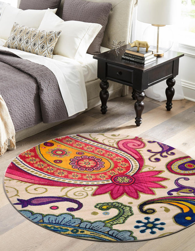 Cream 8' x 8' Estrella Round Area Rug 100% Polypropylene Non-Shedding Stain Resistant Carpet Colorful Modern Abstract Design Easy Clean for Home Decor for Sale at Rug Engine