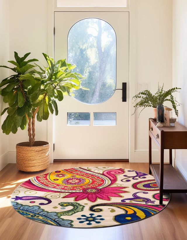 Cream 6' 1 x 6' 1 Estrella Round Area Rug 100% Polypropylene Non-Shedding Stain Resistant Carpet Colorful Modern Abstract Design Easy Clean for Home Decor for Sale at Rug Engine