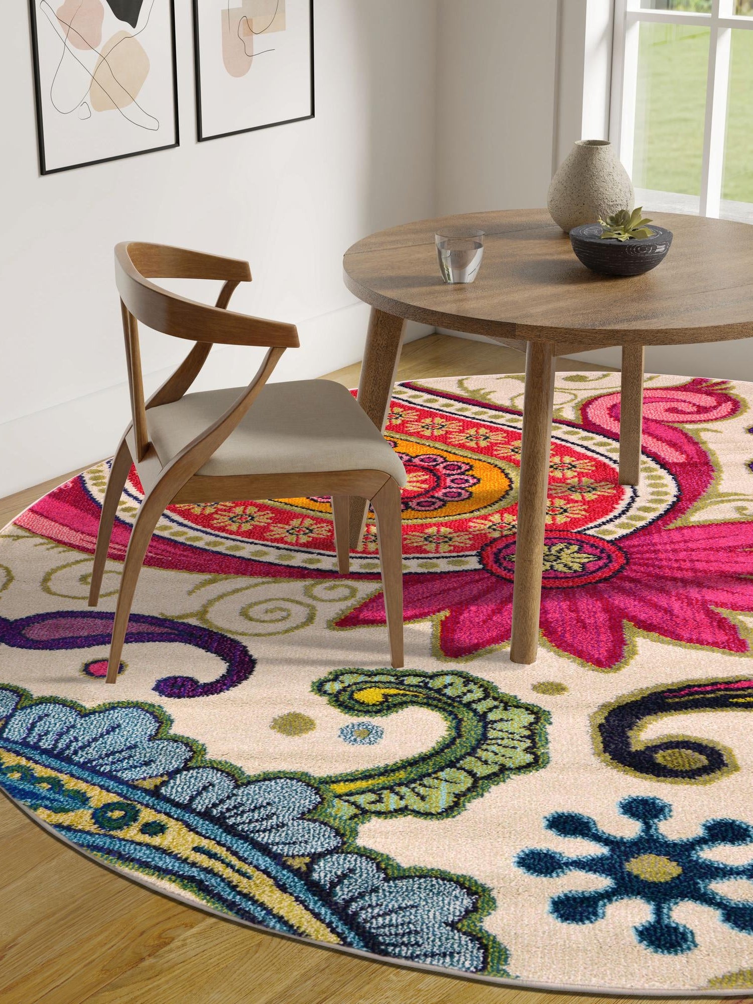 Cream 8' x 8' Estrella Round Area Rug 100% Polypropylene Non-Shedding Stain Resistant Carpet Colorful Modern Abstract Design Easy Clean for Home Decor for Sale at Rug Engine