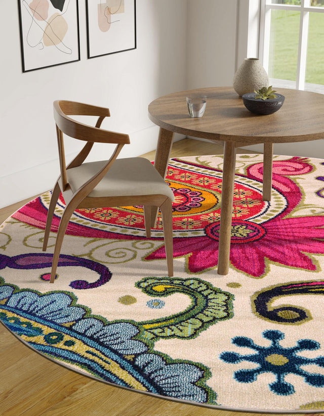 Cream 6' 1 x 6' 1 Estrella Round Area Rug 100% Polypropylene Non-Shedding Stain Resistant Carpet Colorful Modern Abstract Design Easy Clean for Home Decor for Sale at Rug Engine