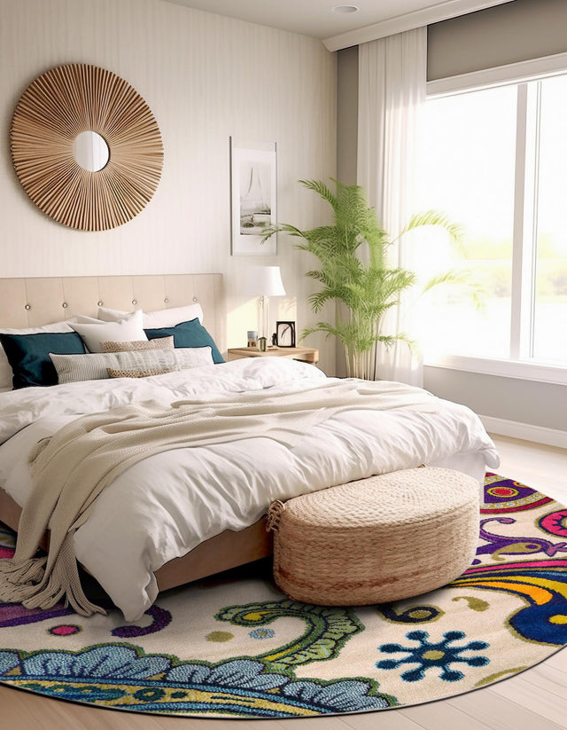 Cream 8' x 8' Estrella Round Area Rug 100% Polypropylene Non-Shedding Stain Resistant Carpet Colorful Modern Abstract Design Easy Clean for Home Decor for Sale at Rug Engine