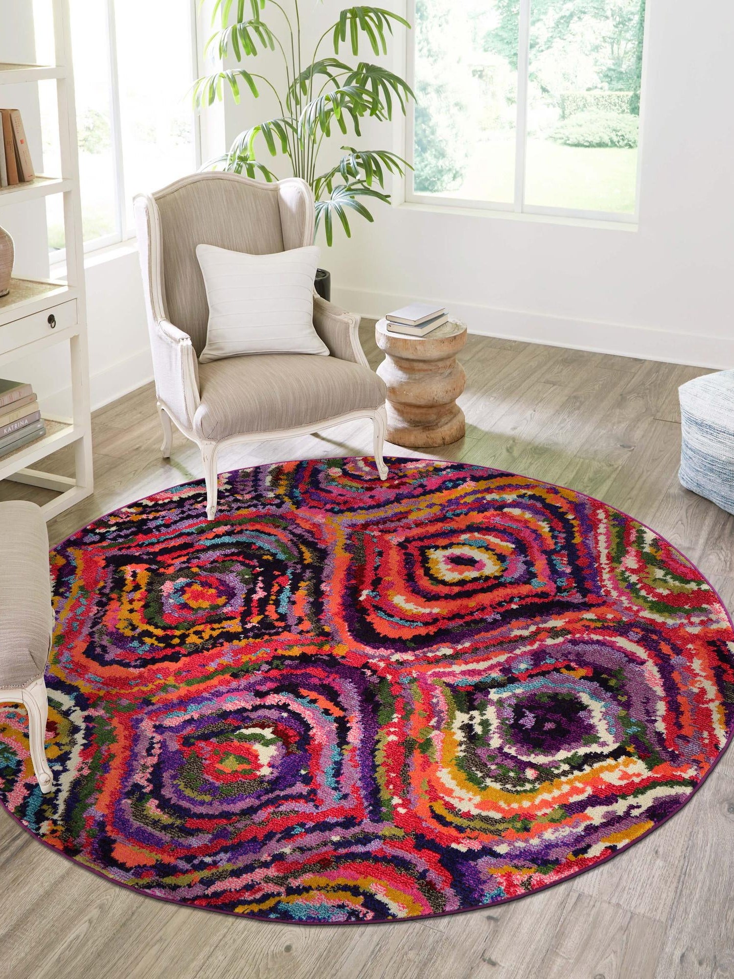 Multicolor 8' x 8' Estrella Round Area Rug 100% Polypropylene Non-Shedding Stain Resistant Carpet Colorful Modern Abstract Design Easy Clean for Home Decor for Sale at Rug Engine