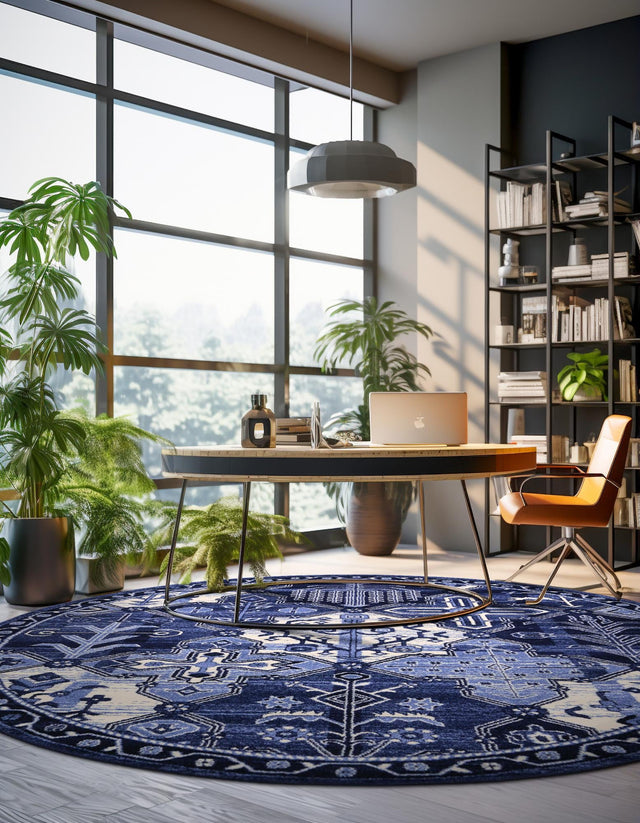 Blue 7' 10 x 7' 10 La Jolla Round Area Rug 100% Polypropylene Traditional Pattern Easy Clean Carpet for Living, Dining, Bedroom, Office for Sale at Rug Engine