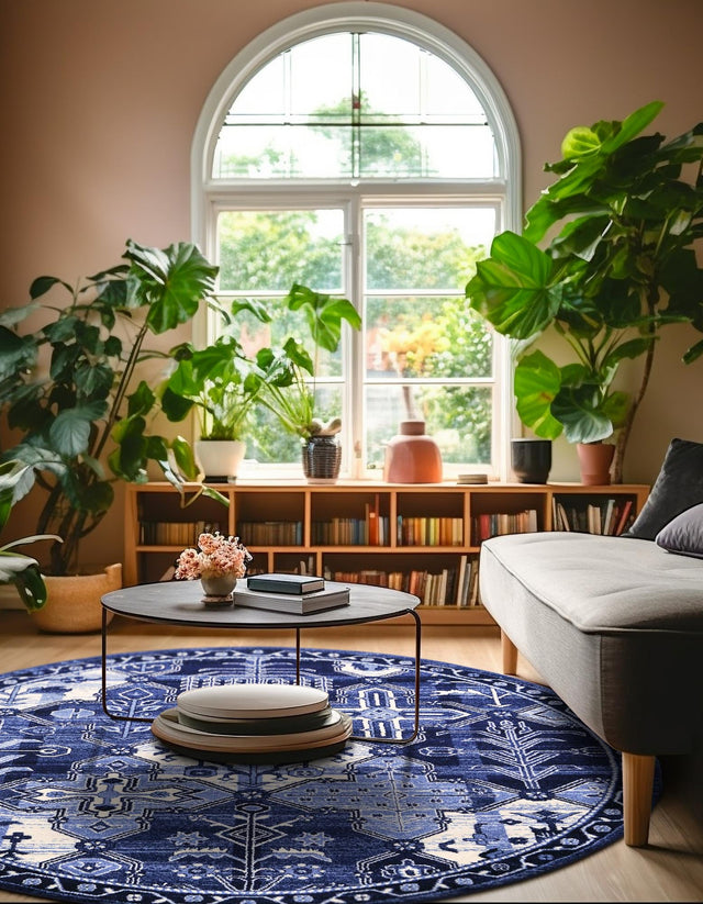 Blue 7' 10 x 7' 10 La Jolla Round Area Rug 100% Polypropylene Traditional Pattern Easy Clean Carpet for Living, Dining, Bedroom, Office for Sale at Rug Engine