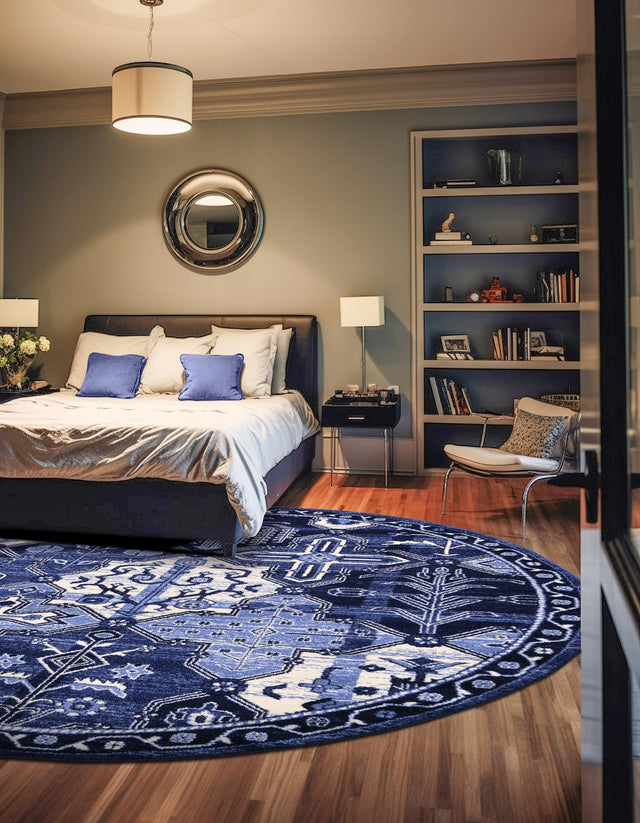 Blue 3' 1 x 3' 1 La Jolla Round Area Rug 100% Polypropylene Traditional Pattern Easy Clean Carpet for Living, Dining, Bedroom, Office for Sale at Rug Engine