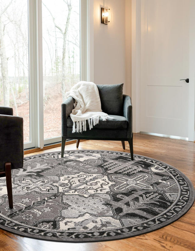 Gray 7' 10 x 7' 10 La Jolla Round Area Rug 100% Polypropylene Traditional Pattern Easy Clean Carpet for Living, Dining, Bedroom, Office for Sale at Rug Engine