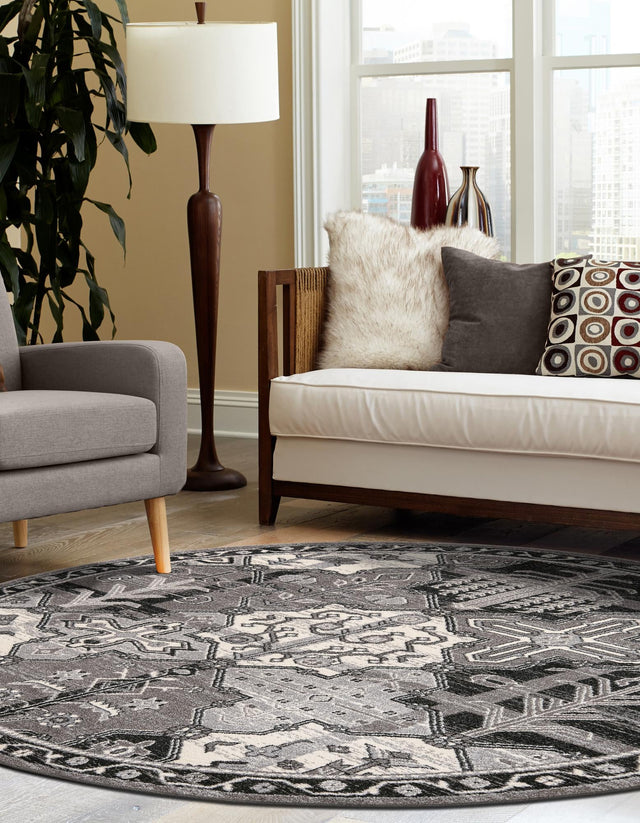 Gray 7' 10 x 7' 10 La Jolla Round Area Rug 100% Polypropylene Traditional Pattern Easy Clean Carpet for Living, Dining, Bedroom, Office for Sale at Rug Engine