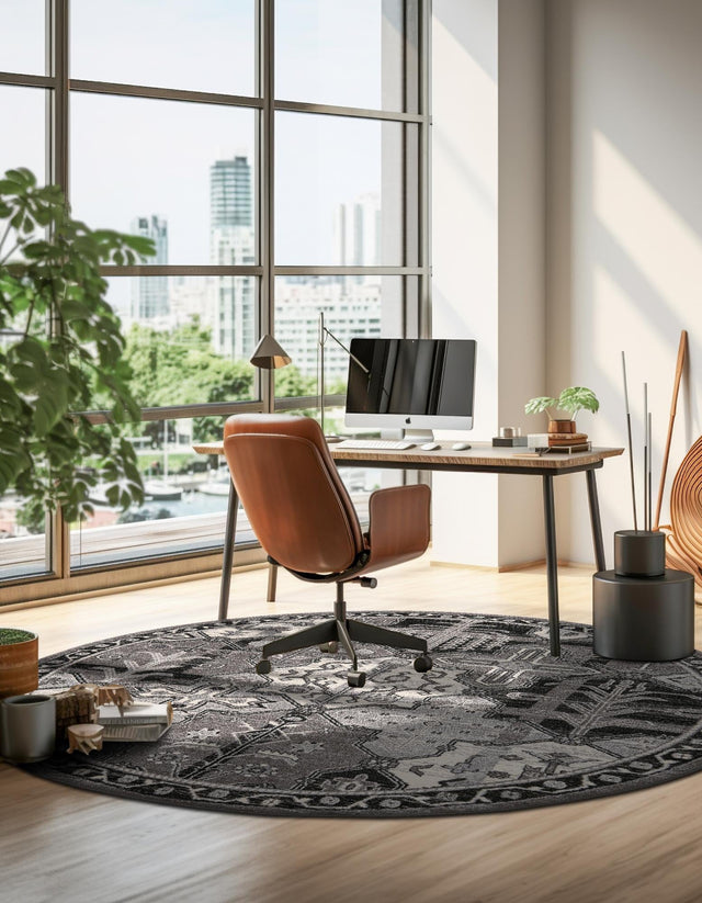Gray 7' 10 x 7' 10 La Jolla Round Area Rug 100% Polypropylene Traditional Pattern Easy Clean Carpet for Living, Dining, Bedroom, Office for Sale at Rug Engine