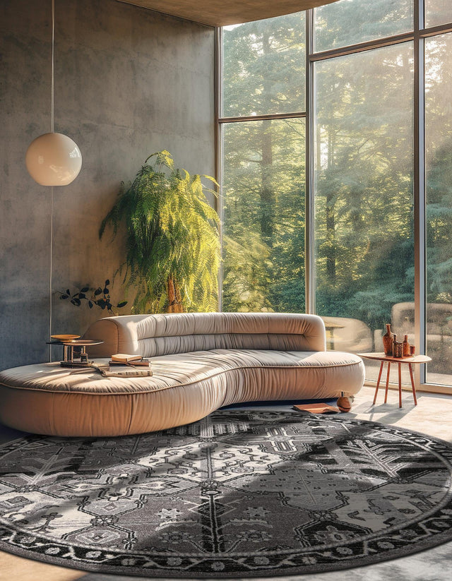 Gray 7' 10 x 7' 10 La Jolla Round Area Rug 100% Polypropylene Traditional Pattern Easy Clean Carpet for Living, Dining, Bedroom, Office for Sale at Rug Engine