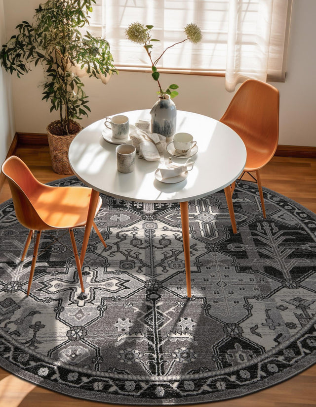 Gray 7' 10 x 7' 10 La Jolla Round Area Rug 100% Polypropylene Traditional Pattern Easy Clean Carpet for Living, Dining, Bedroom, Office for Sale at Rug Engine