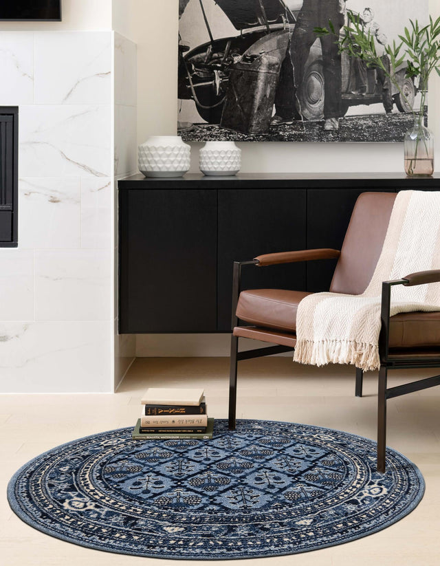 Blue 6' 1 x 6' 1 La Jolla Round Area Rug 100% Polypropylene Traditional Pattern Easy Clean Carpet for Living, Dining, Bedroom, Office for Sale at Rug Engine
