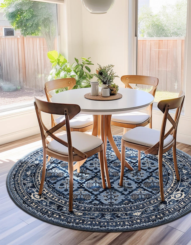 Blue 7' 10 x 7' 10 La Jolla Round Area Rug 100% Polypropylene Traditional Pattern Easy Clean Carpet for Living, Dining, Bedroom, Office for Sale at Rug Engine