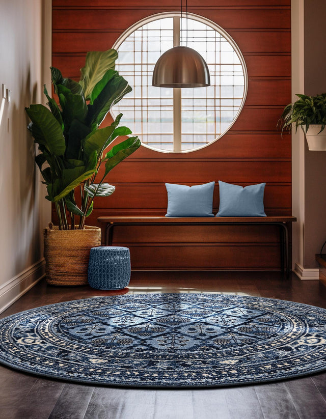 Blue 7' 10 x 7' 10 La Jolla Round Area Rug 100% Polypropylene Traditional Pattern Easy Clean Carpet for Living, Dining, Bedroom, Office for Sale at Rug Engine