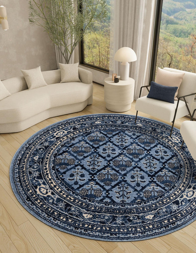 Blue 6' 1 x 6' 1 La Jolla Round Area Rug 100% Polypropylene Traditional Pattern Easy Clean Carpet for Living, Dining, Bedroom, Office for Sale at Rug Engine