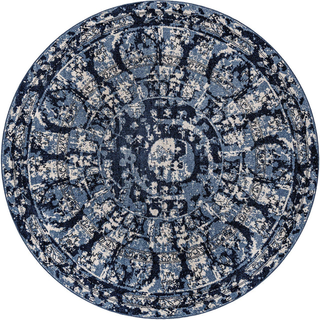 Blue 7' 10 x 7' 10 La Jolla Round Area Rug 100% Polypropylene Traditional Pattern Easy Clean Carpet for Living, Dining, Bedroom, Office for Sale at Rug Engine