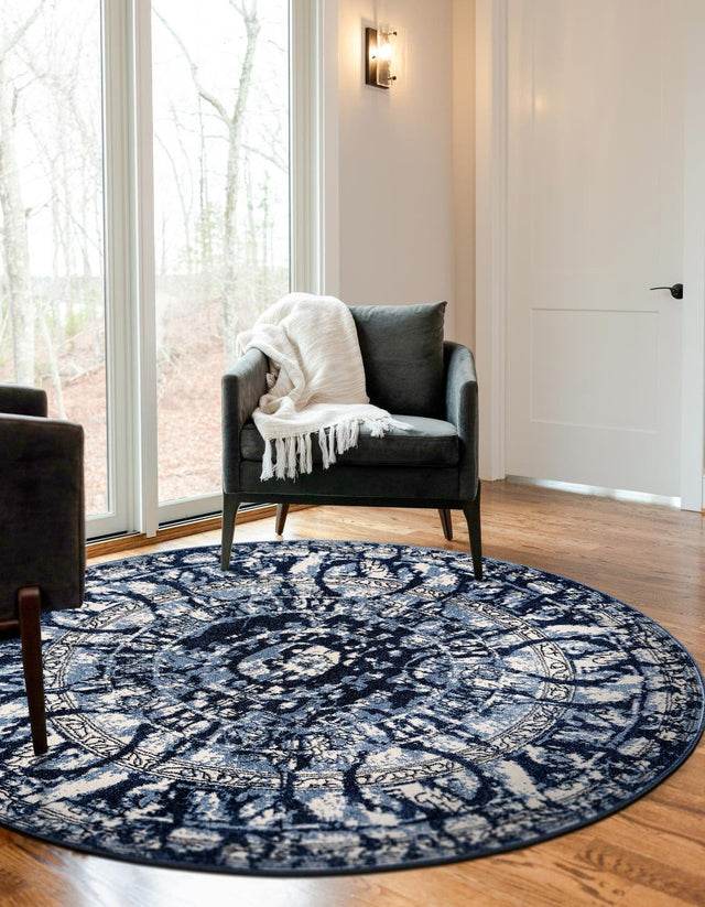 Blue 7' 10 x 7' 10 La Jolla Round Area Rug 100% Polypropylene Traditional Pattern Easy Clean Carpet for Living, Dining, Bedroom, Office for Sale at Rug Engine