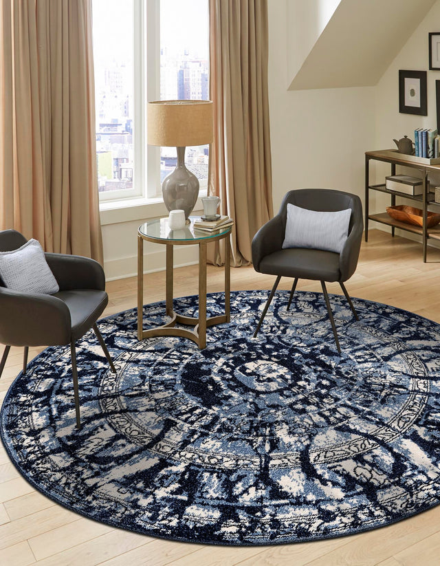 Blue 7' 10 x 7' 10 La Jolla Round Area Rug 100% Polypropylene Traditional Pattern Easy Clean Carpet for Living, Dining, Bedroom, Office for Sale at Rug Engine