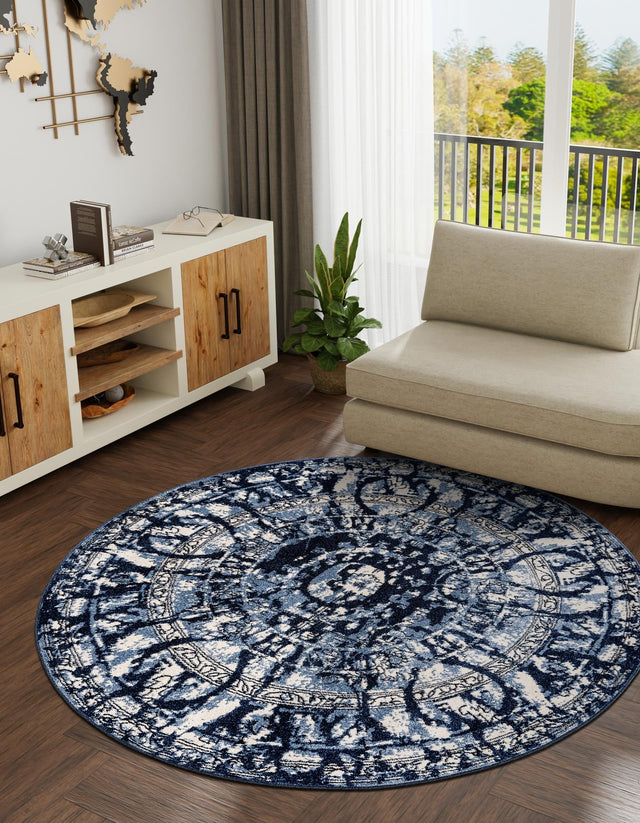Blue 7' 10 x 7' 10 La Jolla Round Area Rug 100% Polypropylene Traditional Pattern Easy Clean Carpet for Living, Dining, Bedroom, Office for Sale at Rug Engine