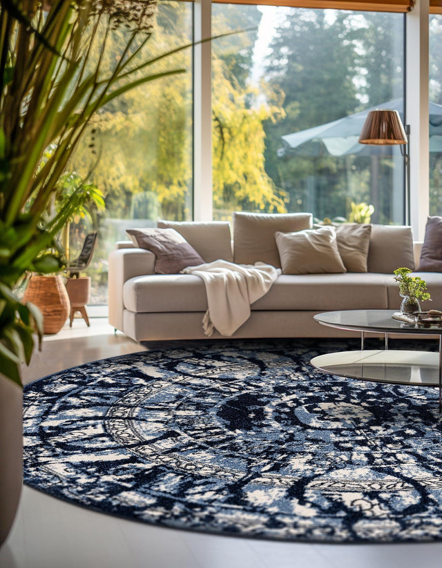 Blue 7' 10 x 7' 10 La Jolla Round Area Rug 100% Polypropylene Traditional Pattern Easy Clean Carpet for Living, Dining, Bedroom, Office for Sale at Rug Engine