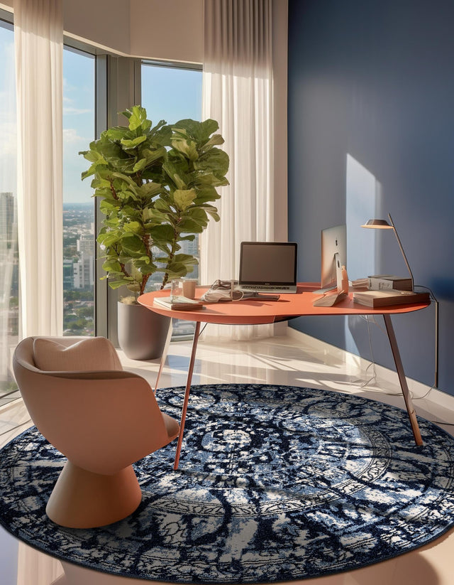 Blue 3' 1 x 3' 1 La Jolla Round Area Rug 100% Polypropylene Traditional Pattern Easy Clean Carpet for Living, Dining, Bedroom, Office for Sale at Rug Engine