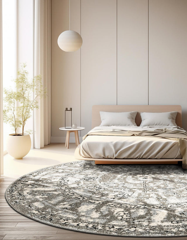 Gray 7' 10 x 7' 10 La Jolla Round Area Rug 100% Polypropylene Traditional Pattern Easy Clean Carpet for Living, Dining, Bedroom, Office for Sale at Rug Engine