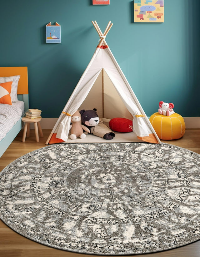 Gray 7' 10 x 7' 10 La Jolla Round Area Rug 100% Polypropylene Traditional Pattern Easy Clean Carpet for Living, Dining, Bedroom, Office for Sale at Rug Engine