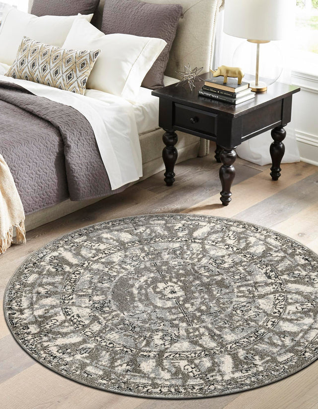 Gray 7' 10 x 7' 10 La Jolla Round Area Rug 100% Polypropylene Traditional Pattern Easy Clean Carpet for Living, Dining, Bedroom, Office for Sale at Rug Engine