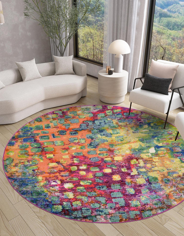 Multicolor 5' x 5' Jardin Round Area Rug 100% Polypropylene With Cotton Backing Colorful & Vivid Modern Carpet for Home Decor for Sale at Rug Engine