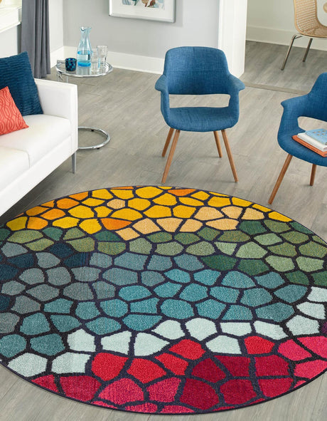Multicolor 8' x 8' Estrella Round Area Rug 100% Polypropylene Non-Shedding Stain Resistant Carpet Colorful Modern Abstract Design Easy Clean for Home Decor for Sale at Rug Engine