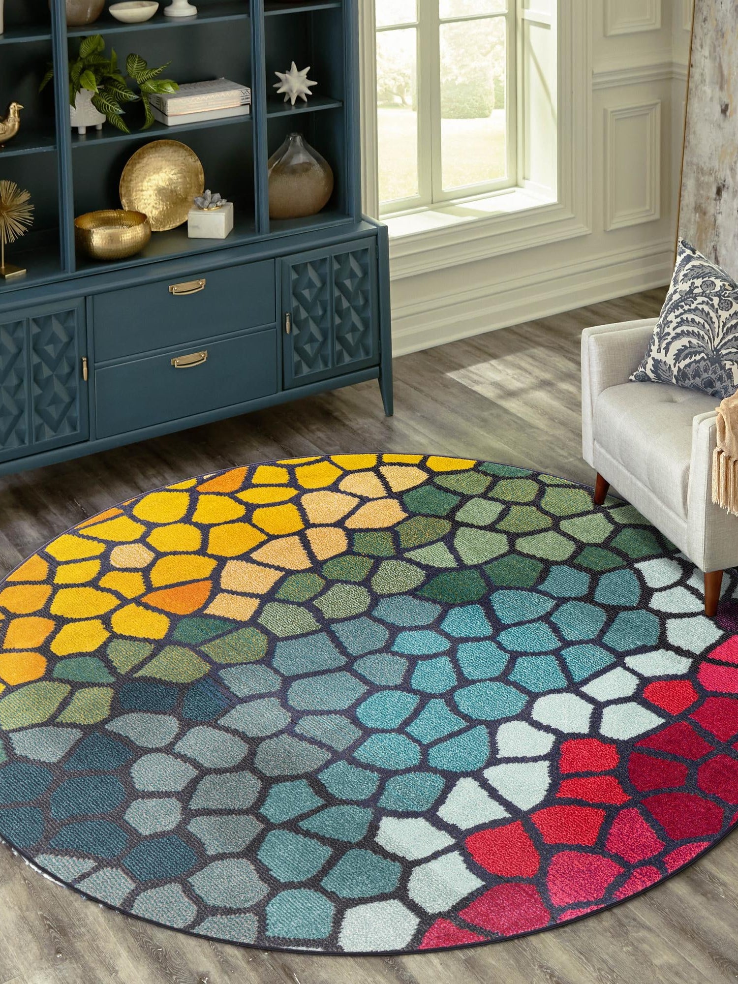 Multicolor 8' x 8' Estrella Round Area Rug 100% Polypropylene Non-Shedding Stain Resistant Carpet Colorful Modern Abstract Design Easy Clean for Home Decor for Sale at Rug Engine