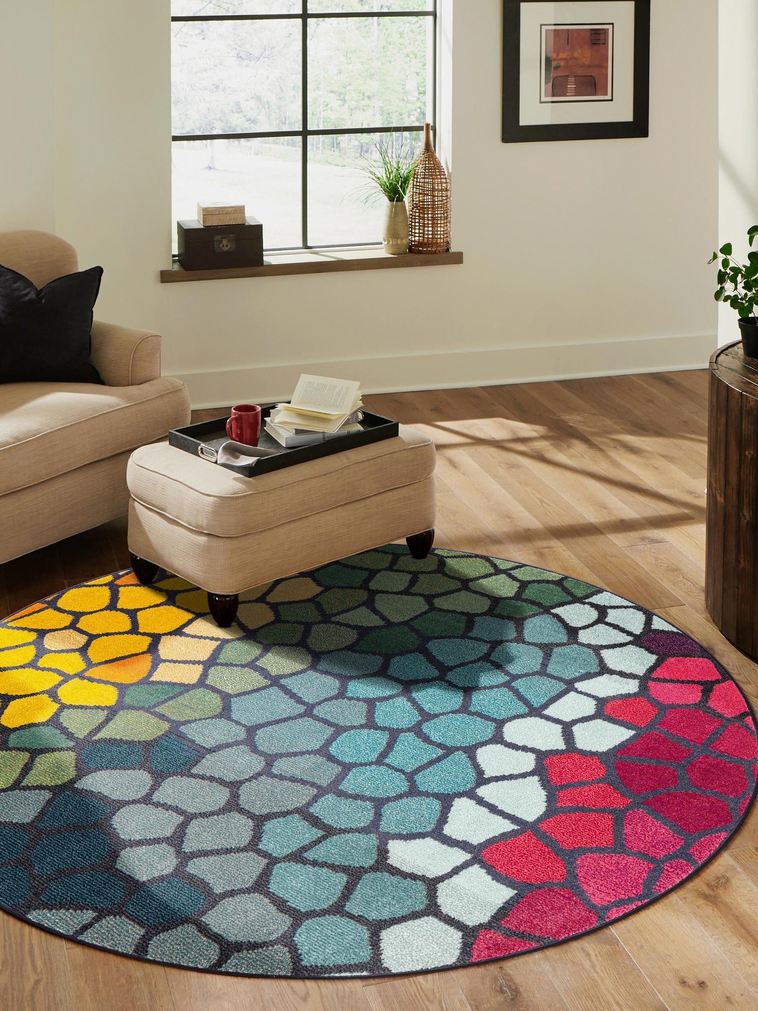 Multicolor 8' x 8' Estrella Round Area Rug 100% Polypropylene Non-Shedding Stain Resistant Carpet Colorful Modern Abstract Design Easy Clean for Home Decor for Sale at Rug Engine