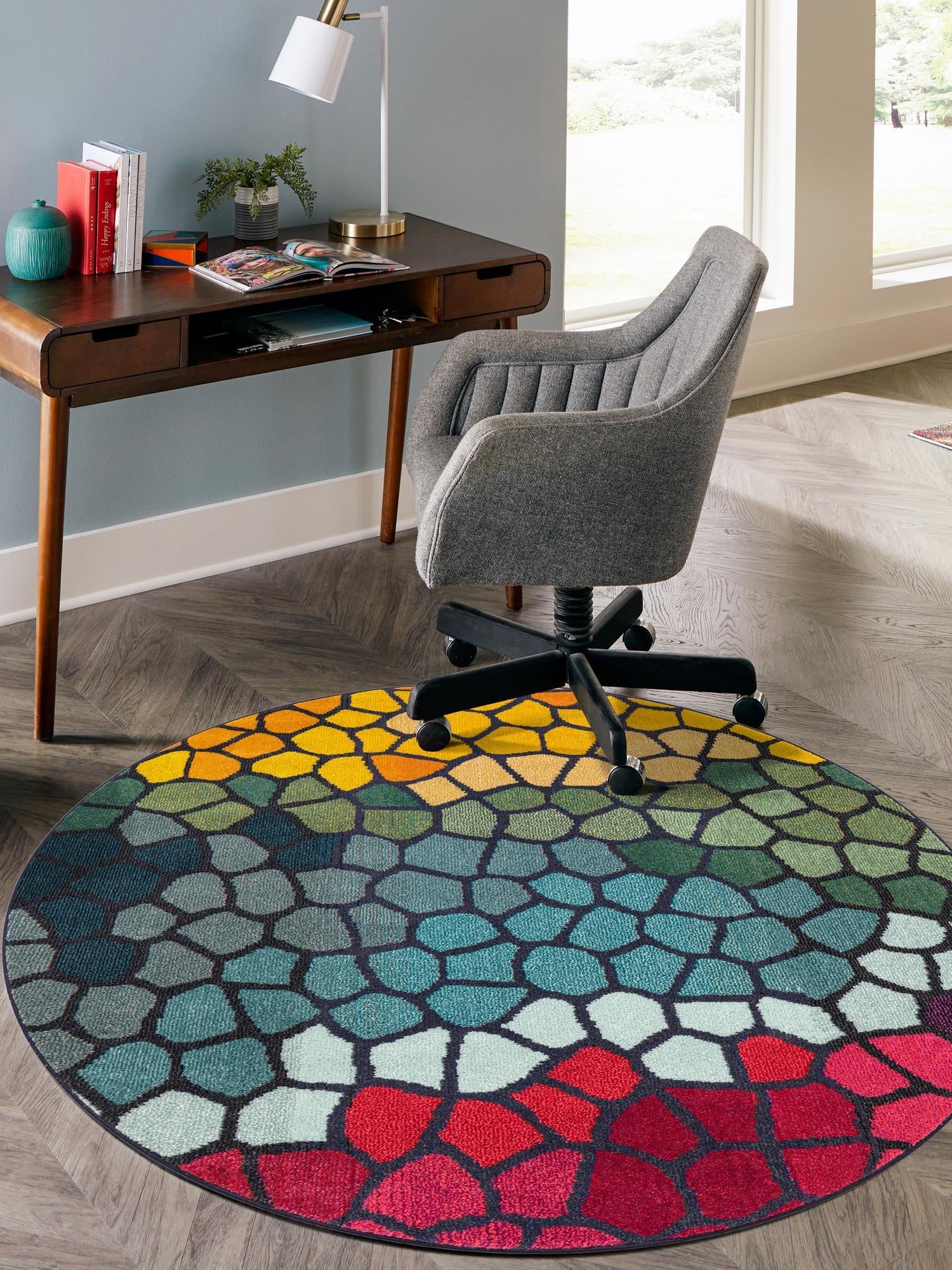 Multicolor 8' x 8' Estrella Round Area Rug 100% Polypropylene Non-Shedding Stain Resistant Carpet Colorful Modern Abstract Design Easy Clean for Home Decor for Sale at Rug Engine