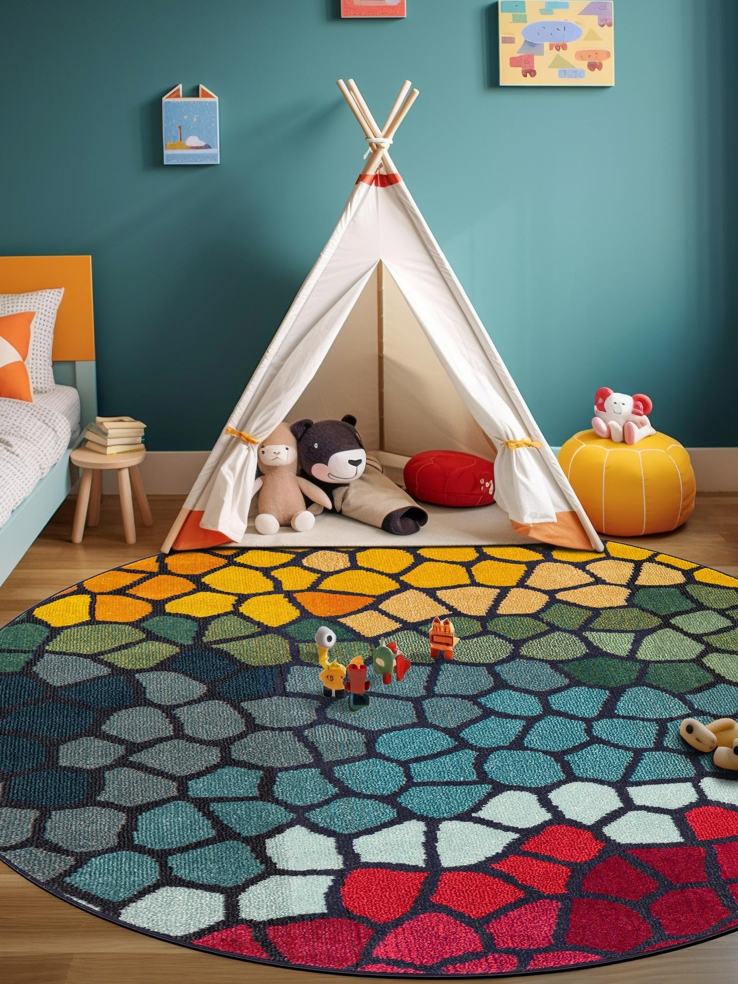 Multicolor 8' x 8' Estrella Round Area Rug 100% Polypropylene Non-Shedding Stain Resistant Carpet Colorful Modern Abstract Design Easy Clean for Home Decor for Sale at Rug Engine